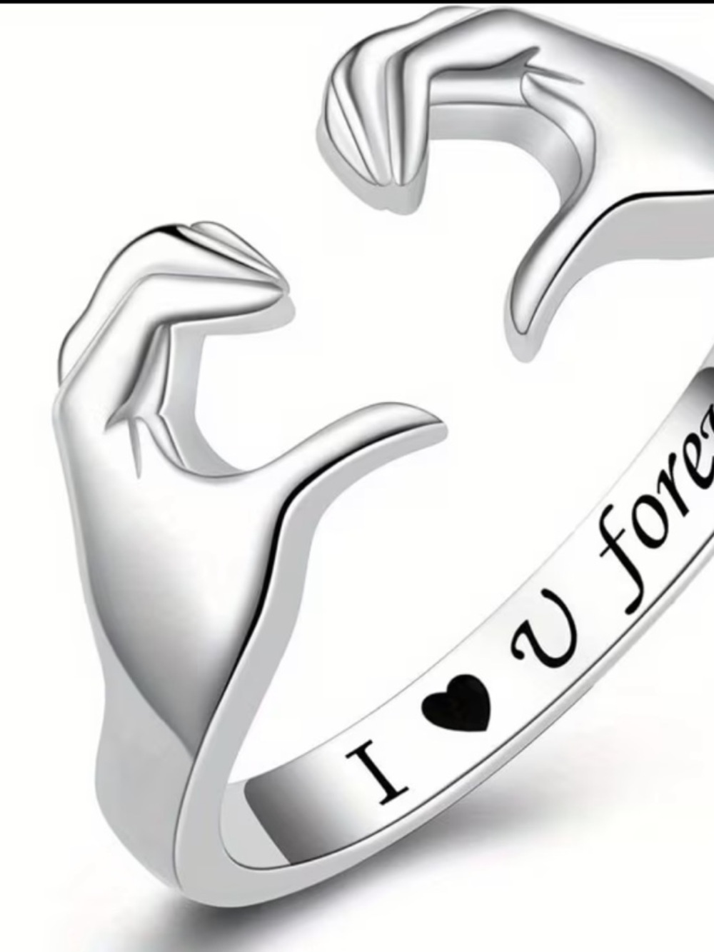 Silver Open Heart Hands Ring with 'I ♥ U forever' Engraving ring.